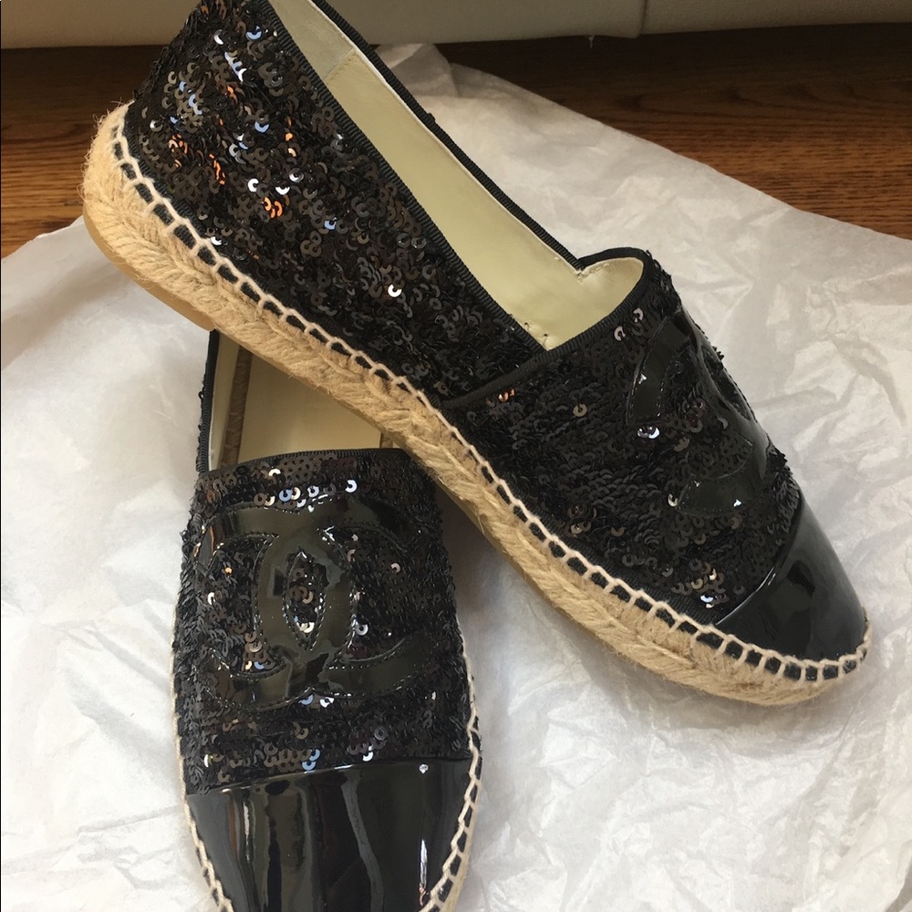 Chanel CC Black Sequin Espadrilles Shoes Size 39